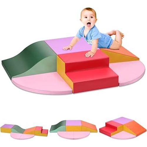 MFUN 6-Piece Baby Foam Climbing Blocks, PU Leather Soft Play Climbing Toys for Toddlers, Kids Playtime Corner Climber Indoor for Crawling and Sliding, Waterproof Easy to Clean (RED)
