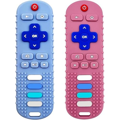 Baby Teething Toys, Food Grade Silicone Teether for Babies 3 6 12 18 Months, TV Remote Shape Toddlers Chew Toys, Freezer BPA Free (Pink+Blue)
