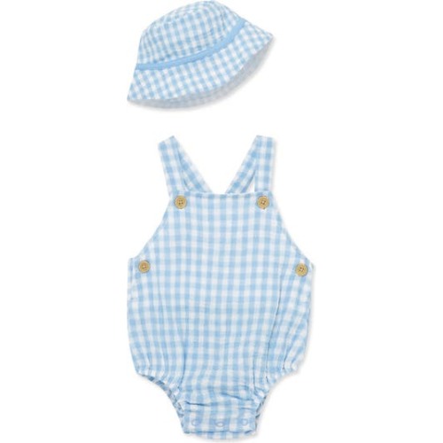Little Me Gingham Cotton Gauze Bubble Romper & Hat Set 6m