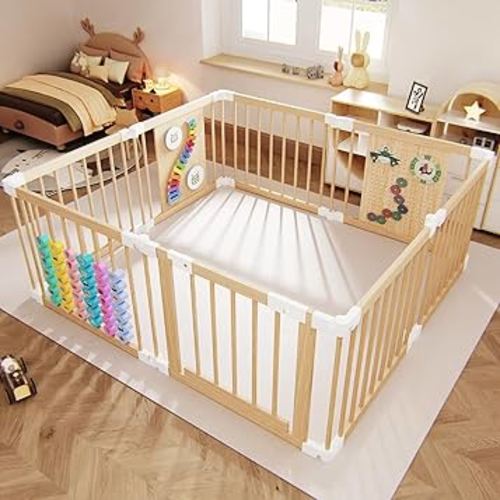 Baby Playpen - Adjustable Multi-Shape Wooden Play Yard, Portable Collapsible Activity Center with Baby Fence Play Area & Toys for Infants, Toddlers (57x57x24inch)