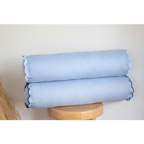 Handmade Linen Bolster Pillow Cover 4,7x18'' (12x45cm) - Baby Blue with Scalloped Edges - Decorative Throw Pillow Cover