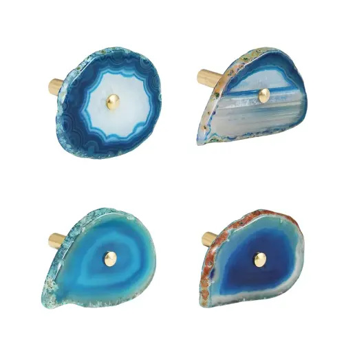 4 Pcs Unique Agate Blue Coat Hooks - Wall Mounted Decorative Hooks with Brass Finish - Holds Hats, Bags, Curtains