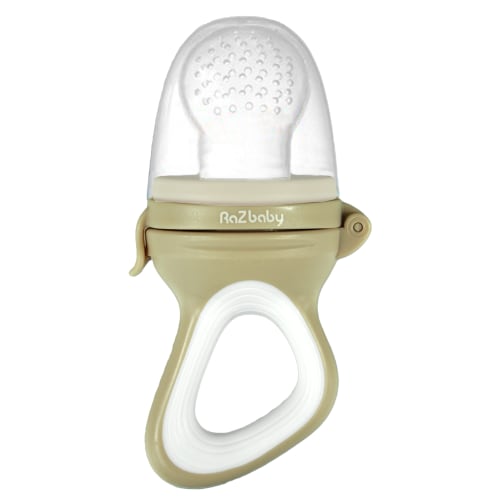 RaZbaby Fruit Feeder/Teether 6m+, Add Frozen Fruit or Fresh Food | Silicone Pouch | BPA Free | Tan