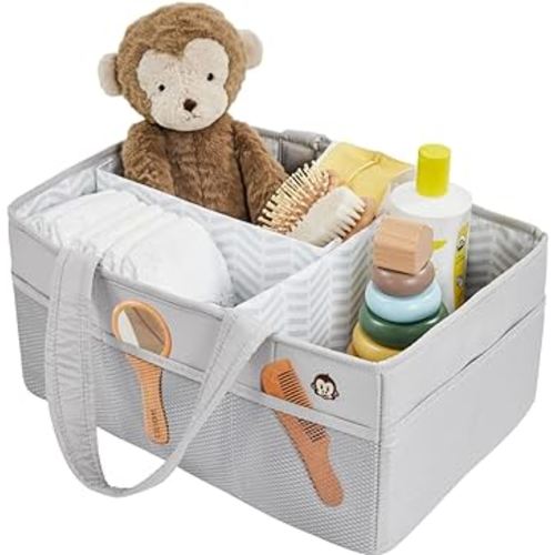 MIGHTY MONKEY Oversized Stain Resistant Baby Diaper Caddy Organizer with Handle, Adjustable Mesh Storage Bin Compartments for Diapers, Baby Wipes, Newborn Changing Table Nursery Essentials, Gray
