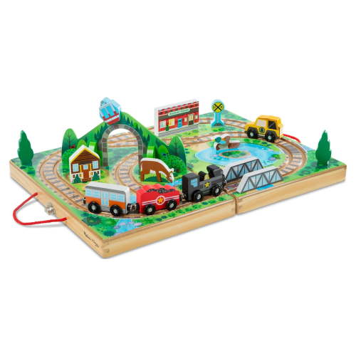Melissa & Doug FSC Certified 17-Piece Wooden Take-Along Tabletop Railroad with 3 Trains, Truck, Play Pieces, and Bridge