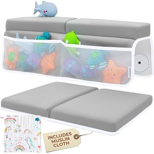 Comfortable Baby Bath Kneeler and Elbow Rest Pad Set with Unicorn Burp Cloth - Thick, Non-Slip, Memory Foam Kneeling Pad for Bathing Baby with Toy Storage Pockets - Easy Clean and Durable - Grey