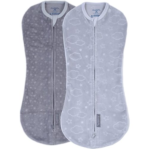 SwaddleMe by Ingenuity Compression Baby Swaddle Pod in Velboa, Two-Way Zipper for Easy Diaper Changes, Improves Sleep & Calms Startle Reflex, 0-2 Months, 1.0 TOG, 2-Pack - Clouds & Stars