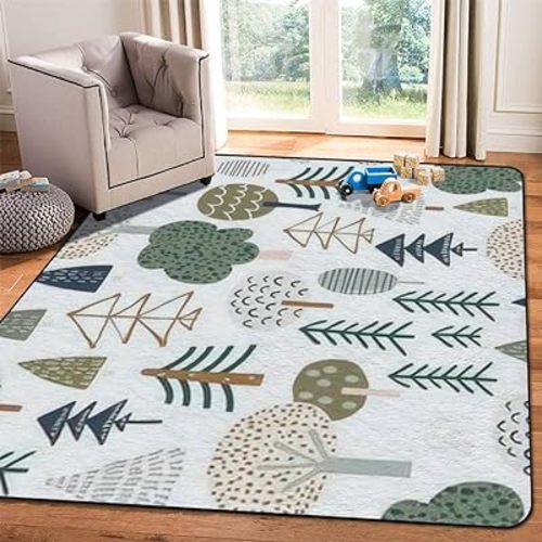 Soft Kids Play Area Rugs 3D Home Woodland Seamless Trendy Forest Texture Abstract Hand Drawn Tree Plush Rugs Non Slip Shaggy Carpets for Kids' Bedroom Classroom Playroom Nursery Décor 5'x8'