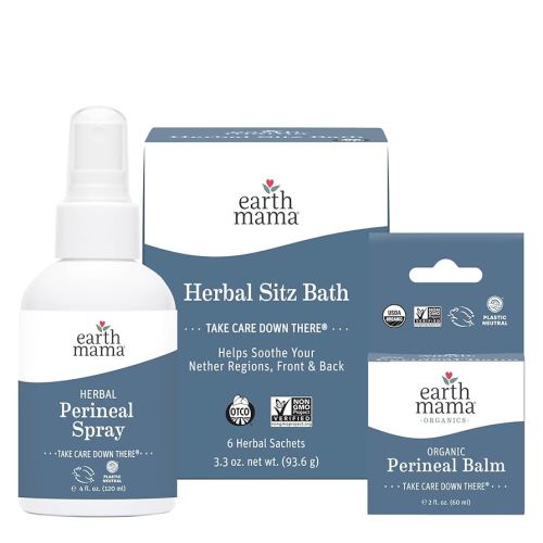 Earth Mama Postpartum Recovery Kit, Take Care Down There® Trifecta with Organic Perineal Balm, Sitz Bath & Herbal Peri Spray, 3-Piece Set