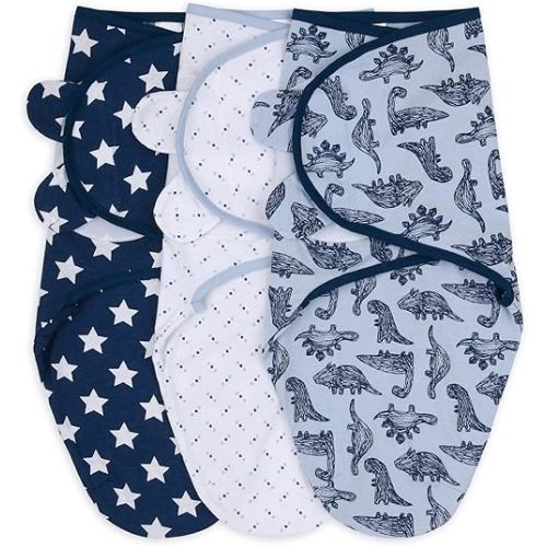 The Peanutshell Baby Swaddle Blankets Set of 3 - Baby Boy Sleep Sack for Newborn, Newborns Sack 0-3, 3-6 Month Swaddles, Soft & Breathable Cotton - Blue Dinosaur (S/M)