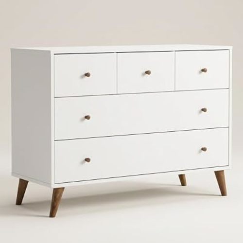 dadada Austin 5-Drawer Dresser for Nursery and Bedroom - Modern Design, Large Storage, Baby-Safe Finish, Soft Close Drawers, Anti-Tip Safety, Solid Wood Feet, Durable Construction (White+Walnut)