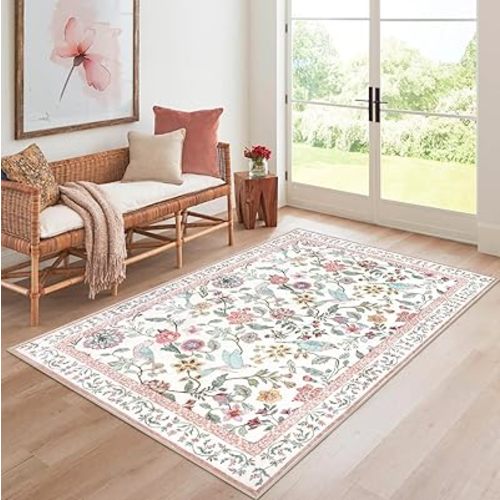 Washable Floral Area Rug, 3x5 Pink Indoor Entryway Rug Soft Non-Slip Botanical Kitchen Rugs, Ultra Thin Modern Flower Birds Throw Carpet for Living Room Bedroom Nursery Foyer