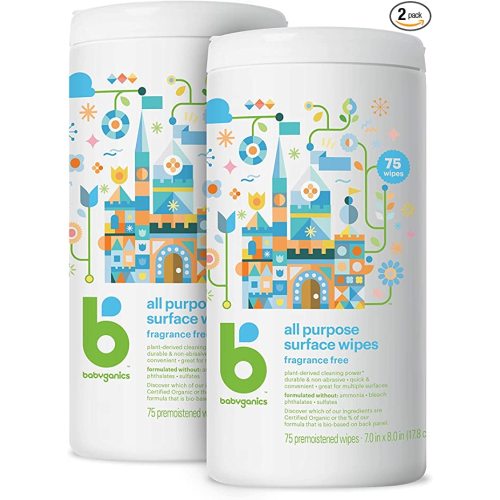 Babyganics All Purpose Surface Wipes, Fragrance Free, 75 Count (Pack of 2), Plant Based and Non-Abrasive, No Ammonia, No Bleach