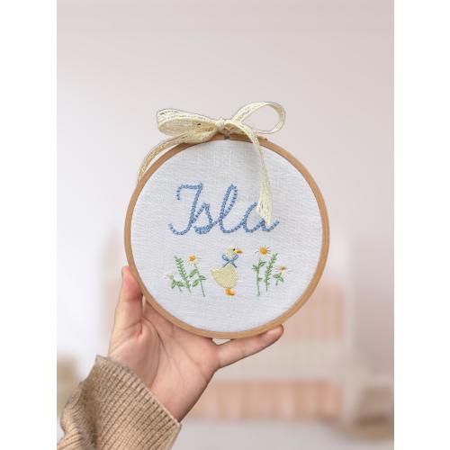 Embroidered plaque with baby’s name and nursery rhyme goose | baby name announcement sign and nursery wall decor