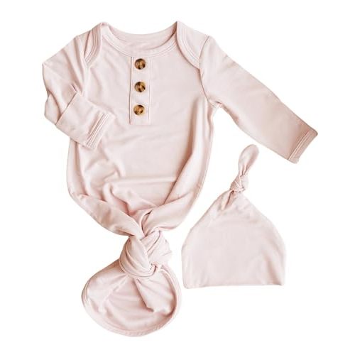 Caden Lane Newborn Knotted Gown with Hat, Soft Bamboo Viscose Baby Sleep Sack, Unisex Infant Nightgown, Breathable Sleepwear