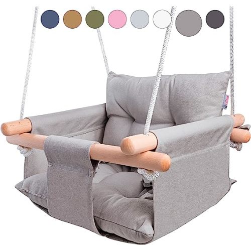 CaTeam Canvas Baby Swing Seat with 5-Point Safety Belt — Wooden Hanging Toddler Swing, Indoor & Outdoor, Ages 1-4, Ceiling Mount Hardware Included, Taupe Gray