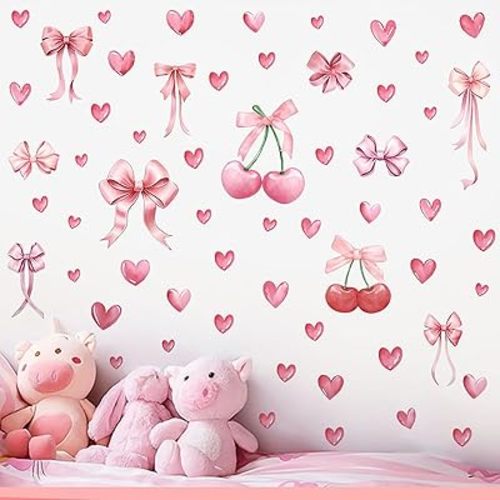 36 Sheets Trendy Pink Bow Wall Stickers with Cherry Motifs - Watercolor Nursery & Coquette Bedroom Decor for Girls Party, Baby Shower & Valentine's Day (CT24Y10959T_T)