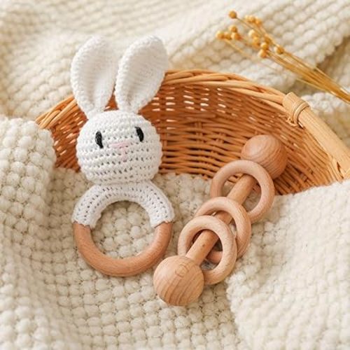 Wooden Baby Rattle, Crochet White Bunny Rattle and Wood Rattle Set, Newborn Wooden Animal Rattle Toy, Baby Wooden Rattle Toy 2PCS