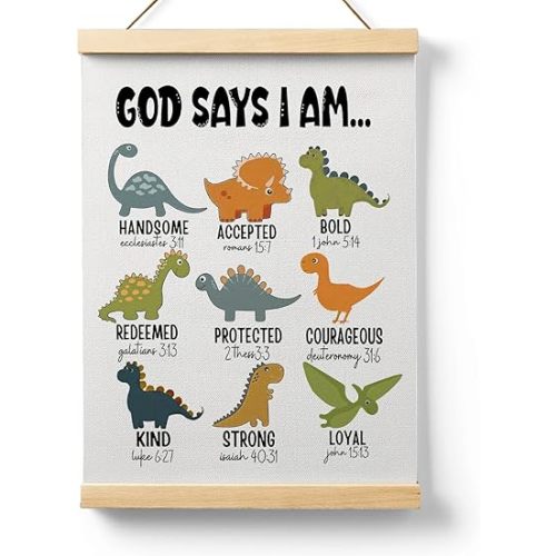 Ryeolo Christian Inspirational Motivational God Says I Am Wooden Poster Hanger Frame 12.5x17 Inch,Dinosaur Poster Hanger For Nursery Boys Room Bedroom Living Room Wall Decor,Dinosaur Wall Decor