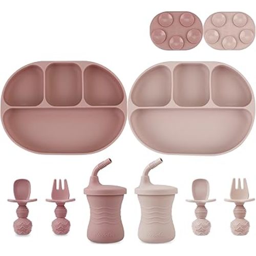 PandaEar 2 Silicone Suction Plate with 2 Tiny Sippy Cup and 2 Spoon 2 Fork for Self-Feeding, Divided Toddler Plate, 100% Silicone Baby Food Plate, BPA Free, 8 Pcs Silicone Baby Feeding Set