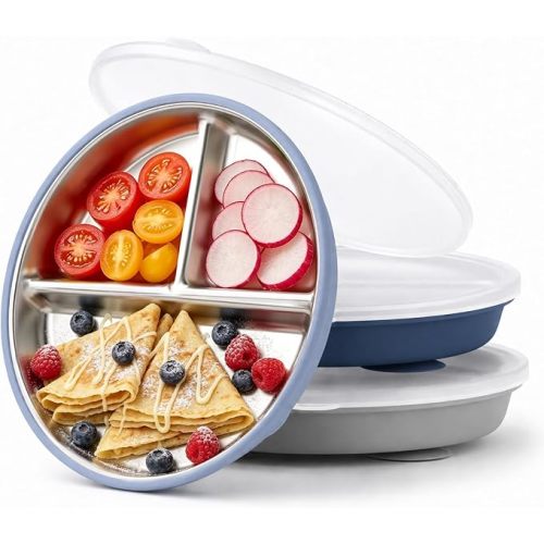 Bakpoco Stainless Steel Suction Kids Plates with Lids, DEEP 9" Divided Family Table Plate for 2Y-8Y+ Toddlers & Preschooler, Bigger Portions Transition, 3-Pack