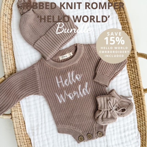 Knit Ribbed Romper Bundle 'Hello World' | Teddy Brown