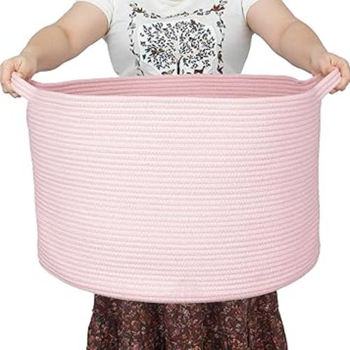 Large Cotton Rope Basket Blankets Basket Living Room 22"x14" Toy Basket for Kids and Dogs Rope Storage Basket for Nursery Woven Laundry Basket for Clothes Towels Baby Toy Storage Round pink