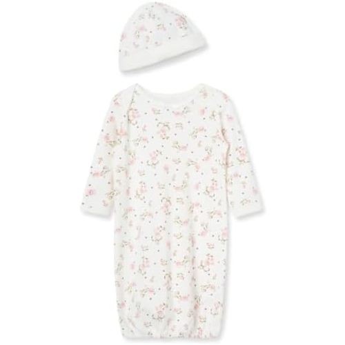 Little Me Clothes for Baby Girls' 2-Piece Nightgown and Cap Set 100% Cotton with Elastic Bottom, Baby Essentials, 0-3 Months