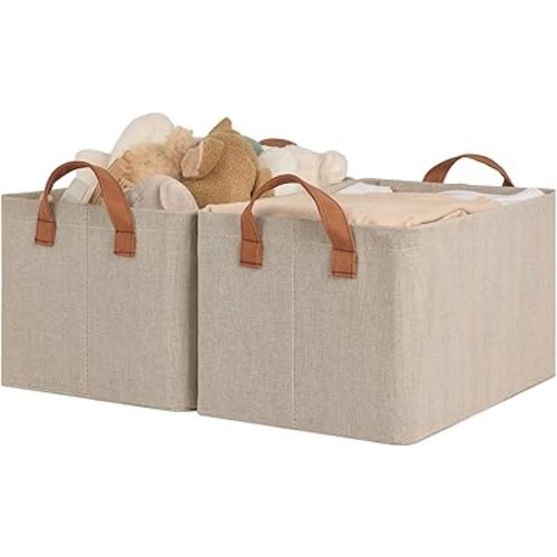 StorageWorks Storage Bins, Shelves Baskets for Organizing, Fabric Closet Organizers with Handles, Metal Frame, Brown and Beige, 2-Pack