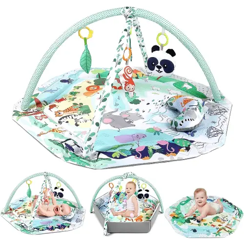 dearlomum 4-in-1 Tummy Time Mat,Baby Activity Play Mat,Newborn Play Baby Mats for Floor with 6 Infant Learning Sensory Baby Toys, Toddler Motor Skill Development,Babies Ball Pit with 18 Ocean Balls
