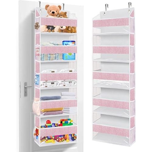 homyfort Over The Door Hanging Organizer with 5 Large Pockets 10 Mesh Side Pockets, 5-Shelf Extra Large and Sturdy Hanging Storage Organizer for Pantry, Nursery (Pink)