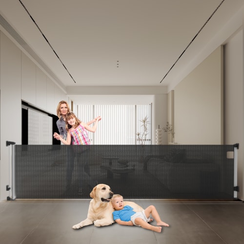 Fxcoia Extra Wide 138" Retractable Baby Safety Gate,Mesh Dog Gates for Doorways & Stairs,34" Tall,Black