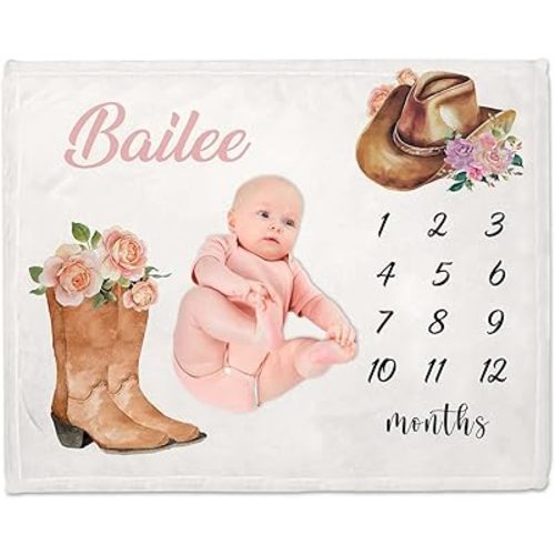 Custom Baby Milestone Blanket for Girls, Personalized Newborn Baby Girl Blankets with Name, Baby Milestone Monthly Blanket for Shower Gift, Monthly Baby Milestone Blanket, Cowgirl