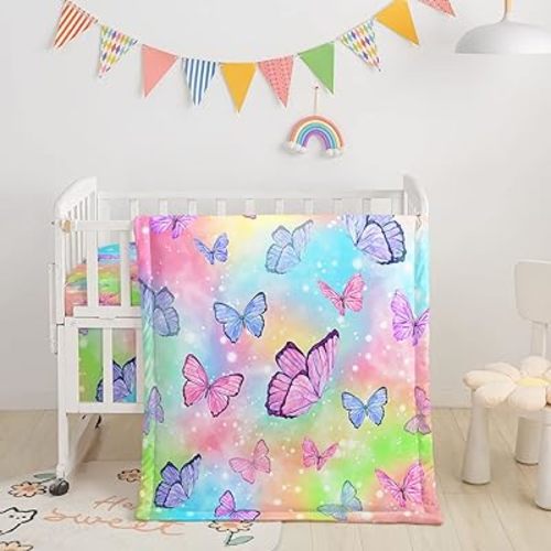Datura Home 3-Piece Crib Bedding Set - Watercolor Butterfly Printed Nursery Comforter, Sheet & Skirt for Baby Boys & Girls