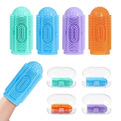 Finger Tooth Brushing Baby Toothbrush 4 Pcs with 4 Travel Storage Case,Food Grade Silicone Baby Finger Toothbrush,Soft Infant Toothbrushes for Toddlers 0-36,Oral Cleaner,Gum Brush
