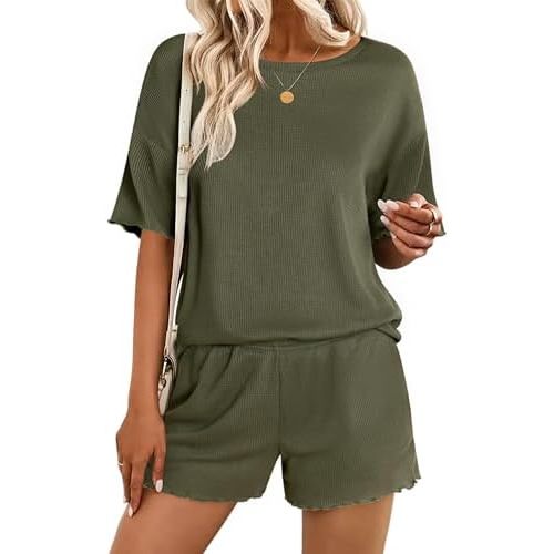 Ekouaer Lounge Sets for Women Waffle Knit Pajama Set Shorts 2 Piece Matching Loungewear Summer Outfits with Pockets