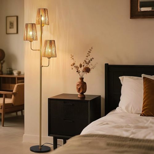 Boho Floor Lamp for Living Room:3 Light Rattan Floor Lamp for Bedroom, Gold Standing Lamp with Foot Switch, Coastal Rustic Tall Lamp, No Bulb