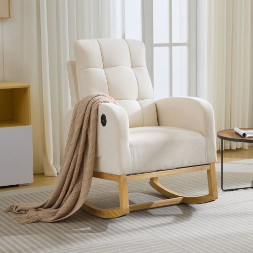 Nursery Rocking Chair - Linen/Teddy Upholstered Glider Rocker with Side Pocket, Footrest, High Back Nursing Chair, Modern Accent Armchair