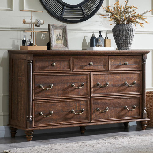 OKD Ojaswi Farmhouse 7 - Drawer Dresser, Wood Rustic Dresser Chest of Drawers with 2 Size Drawers for Bedroom, Living Room & Reviews | Wayfair