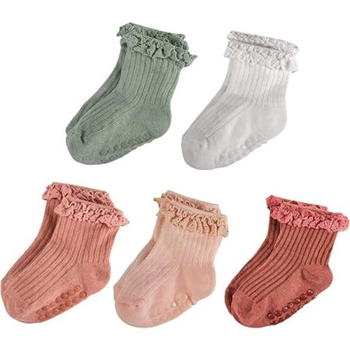 5 Pairs Toddler Girls Anti Slip Socks - Non Skid Frilly Ruffle Design with Grips for Infant Baby Girl 0-3 Years