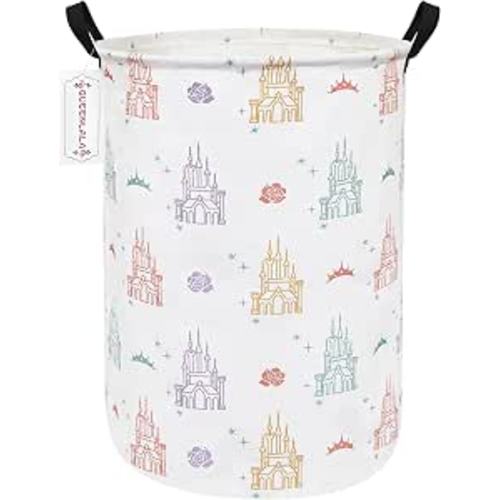 Round Waterproof laundry basket, Laundry Hamper for Nursery, Kids Toy Box Storage for Girls Boys, Diaper or plush toy gift basket, Foldable Fabric Basket(Round-Rose Castle)