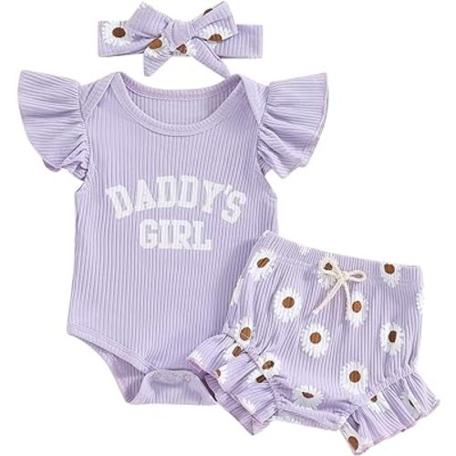 Newborn Girl Summer Clothes Fly Short Sleeve Floral Shorts Headband Set Daddys Girl/Aunties Besite Baby Clothes
