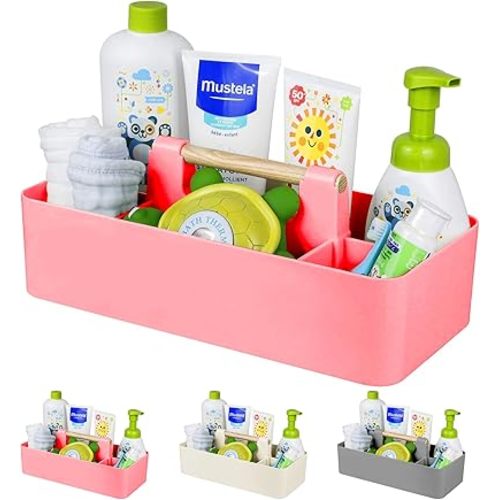 Baby Shower Caddy Plastic Nursery Portable Storage Organizer Caddy Tote for Child/Kids, Divided Basket Bin with Wood Handle for Bathroom, Dorm Room, Holds Hand Soap, Bottles, Spoons (Pink)