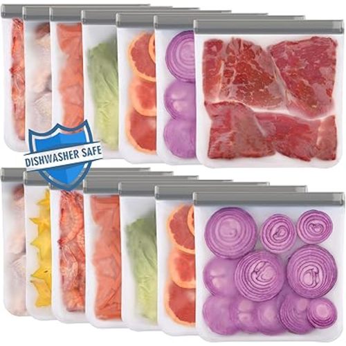 Lerine 14 Pack Reusable Gallon Freezer Bags Dishwasher Safe, BPA Free Reusable freezer Bags 1 Gallon, Extra Thick Leakproof Food Storage Bags for Meal Prep, Fridge Kitchen Organization