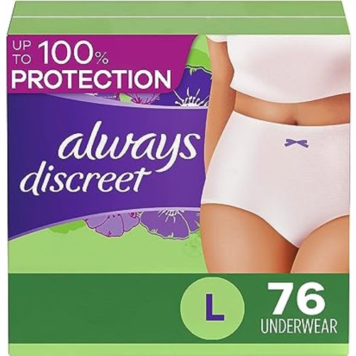 Always Discreet Adult Incontinence Underwear for Women and Postpartum Underwear, L, Up to 100% Bladder Leak Protection, 76 Count (Packaging May Vary)