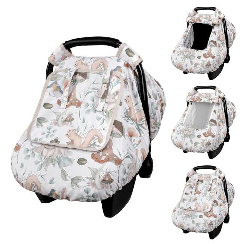 Car Seat Cover Baby Girl Boy, Warm Winter Carseat Cover for Baby, Kick-Proof Infant Car Seat Cover with Peep Window, Windproof & Cozy, Gray Animals