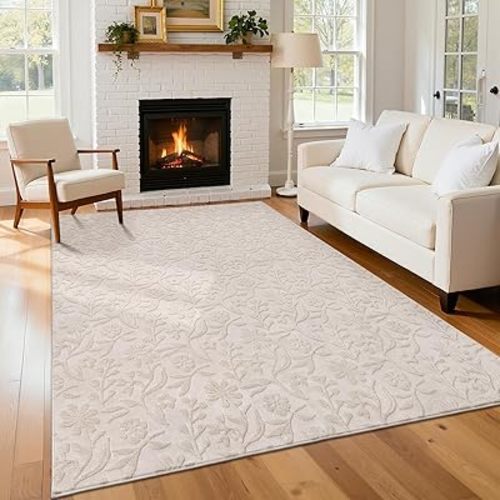 Vaukki 5x7 Area Rug for Living Room, Soft Fluffy Washable Modern Floral Indoor Floor Mat, Non Slip Shaggy Boho Accent Throw Carpet for Bedroom, Living Room, Nursery and Dining Room, Beige