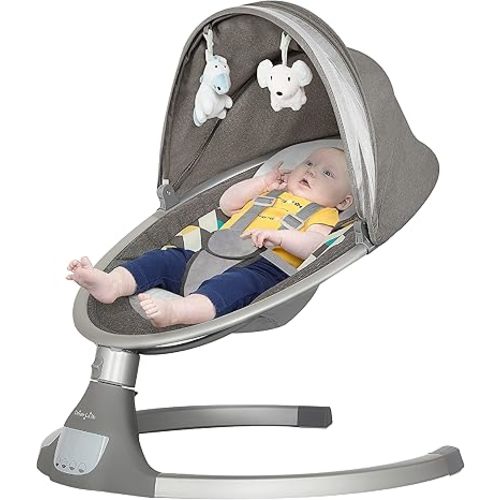 Dream On Me Zazu Baby Swing, Baby Swing for Infant, 5 - Swinging Speed, Two Attached Toys, Bluetooth Enabled and Remote Control, Grey and Blue