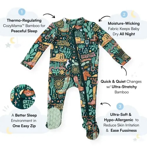 Wild West | Bamboo Footie Onesie Sleeper | "I Love Our Time Together" | Thermo-Regulating, Double Zipper, 4-Way Stretch | Raising Mama