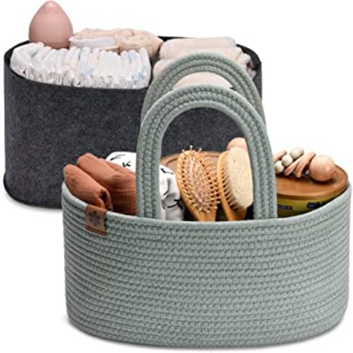 PeraBella 2-in-1 Baby Diaper Caddy Organizer for Changing Table, Cotton Rope Diaper Basket for Boy, Girl, Gift for Baby Shower, Nursery Diaper Organizer, Portable Diaper Storage, Car Caddy Organizer